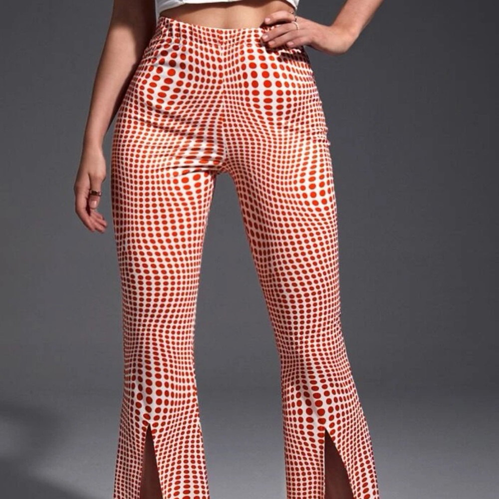 Red and white polka dot split front pants